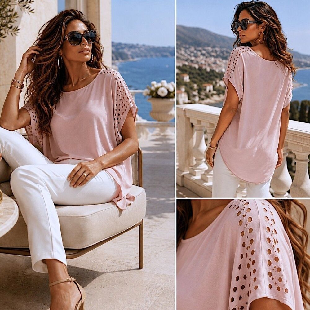 NWT Coquette M Stella Dot Blush Pink Hi Low Top Eyelet Coastal European Summer